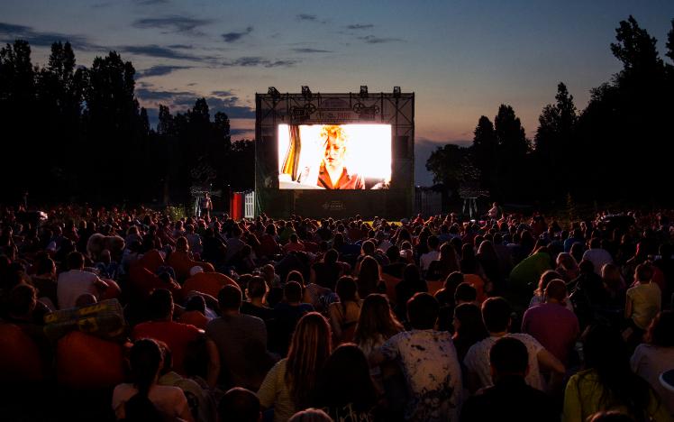 A crowd of people enjoying a movie at an outdoor cinema.
