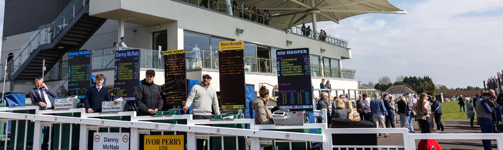 Bookmakers at Bath Racecourse in front of the Roof Garden