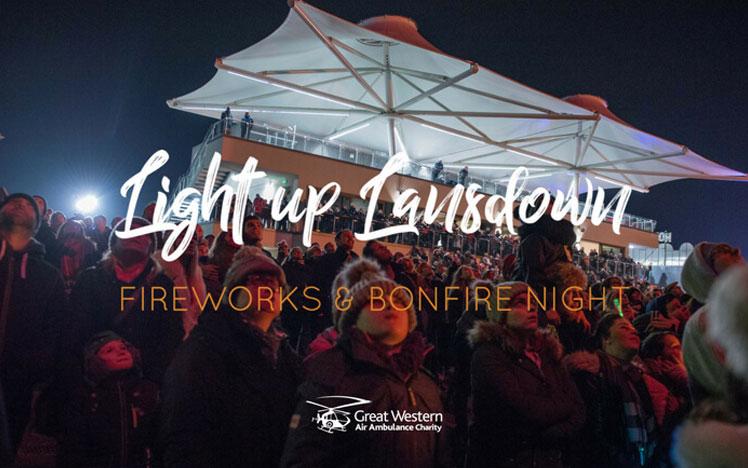Promotional banner for a fireworks show featuring the Roof Garden bar at Bath Racecourse.