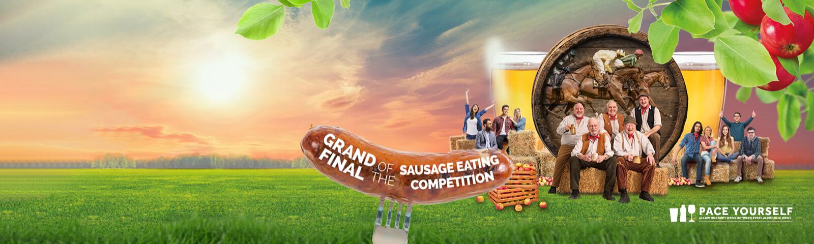 Outdoor sausage-eating contest with cheering crowd, live music, cider, horse racing, and 'Pace Yourself' drink reminder.