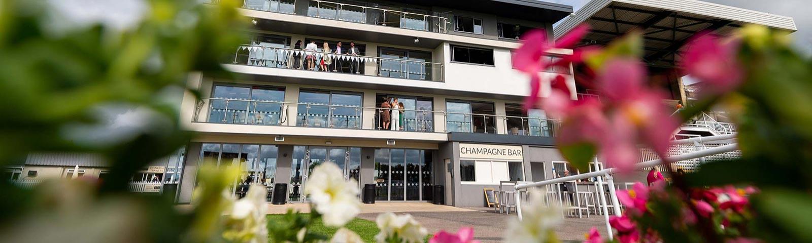 Exterior view of the grandstand at Bath Racecourse.